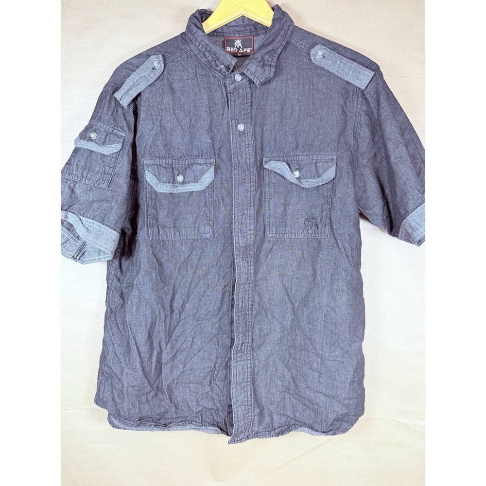 Red Ape Mens M Gray Short Sleeve Utility Shirt Epaulets Pockets Button Up